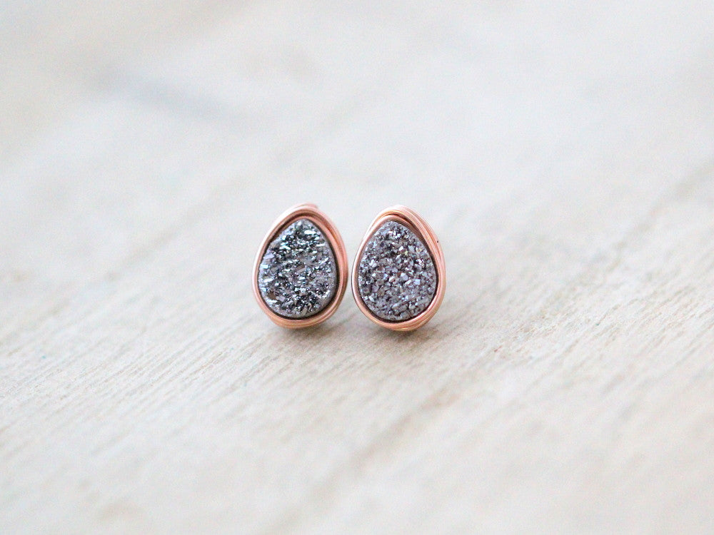 Druzy Teardrop Studs - Platinum