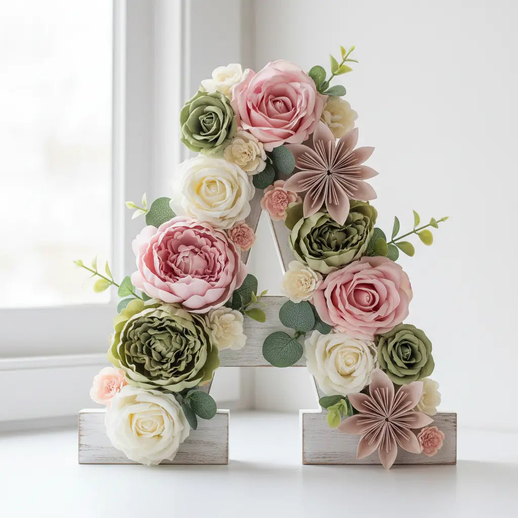 Floral Letter Monogram Sign – Artificial & Paper Flower Decor 12 inch