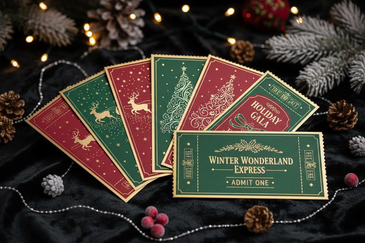 Custom Foiled Tickets | Festive Event, Christmas, New Year's Celebration, Gold & Silver Foil, Perforated Edge, Personalized Party Tickets